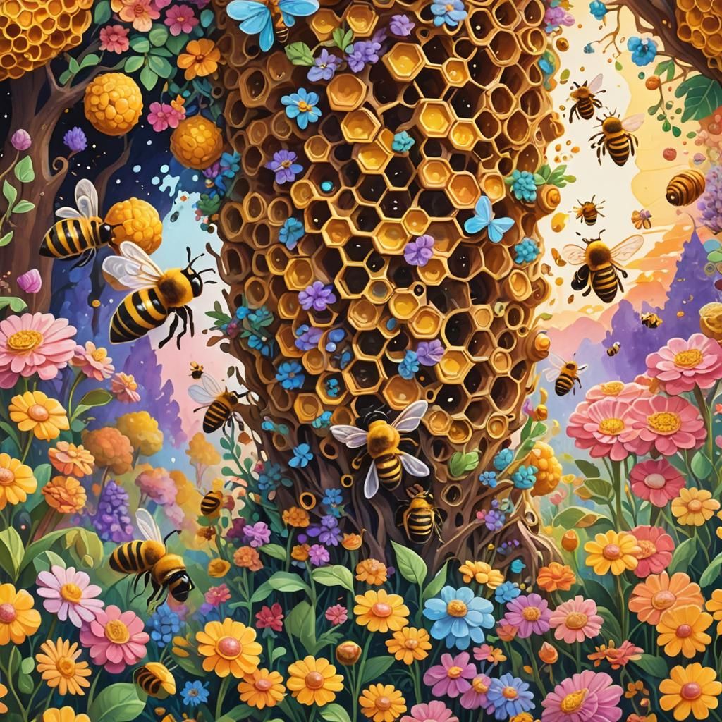 Bustling Bee Hive in Candyland Gouache Painting