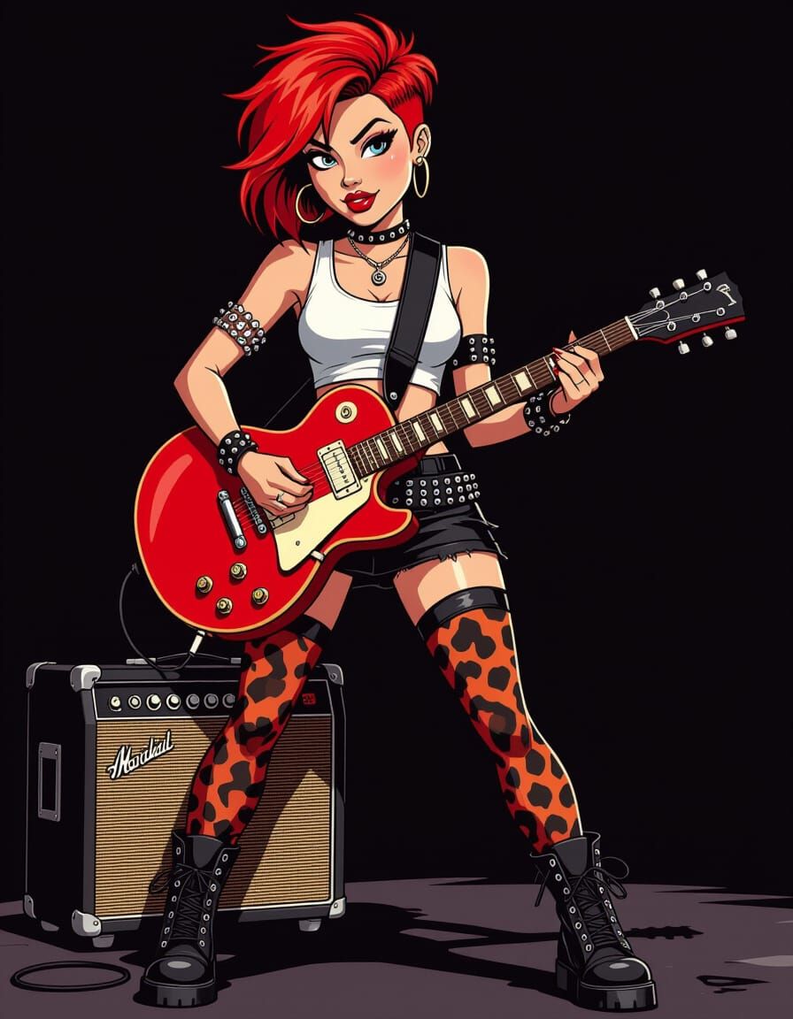 Edgy Cartoon Punk Woman with Guitar