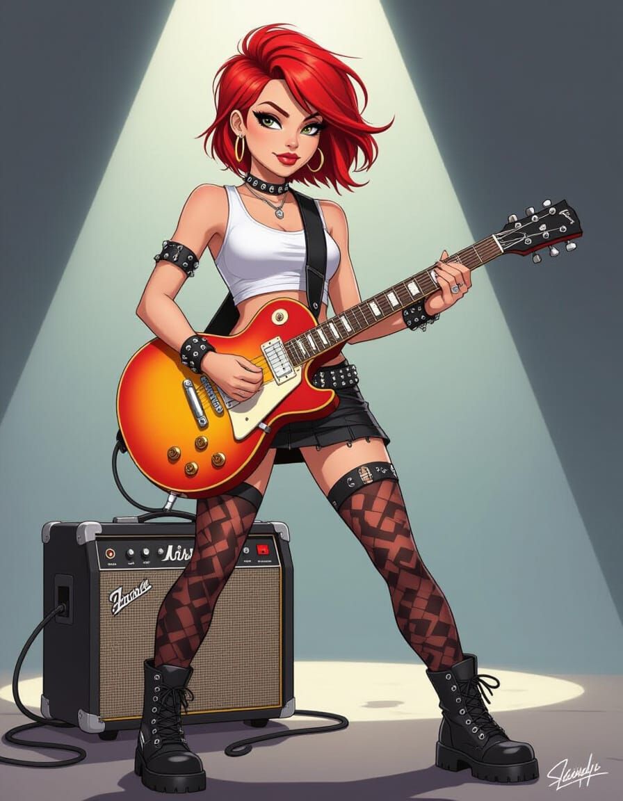 Attractive Punk Woman with Guitar in Cartoon Style