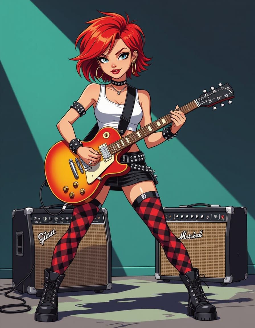 Edgy Cartoon Punk Rocker with Electric Guitar
