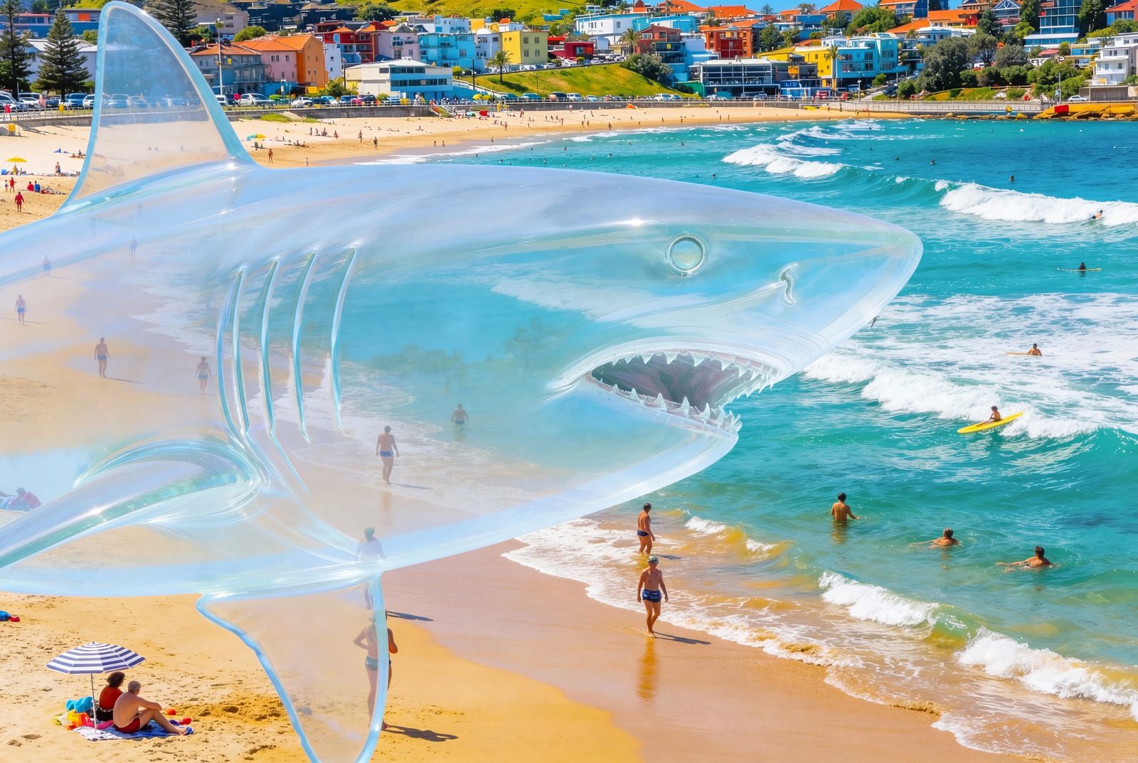 Vibrant Beach Scene Blended with Shark Double Exposure