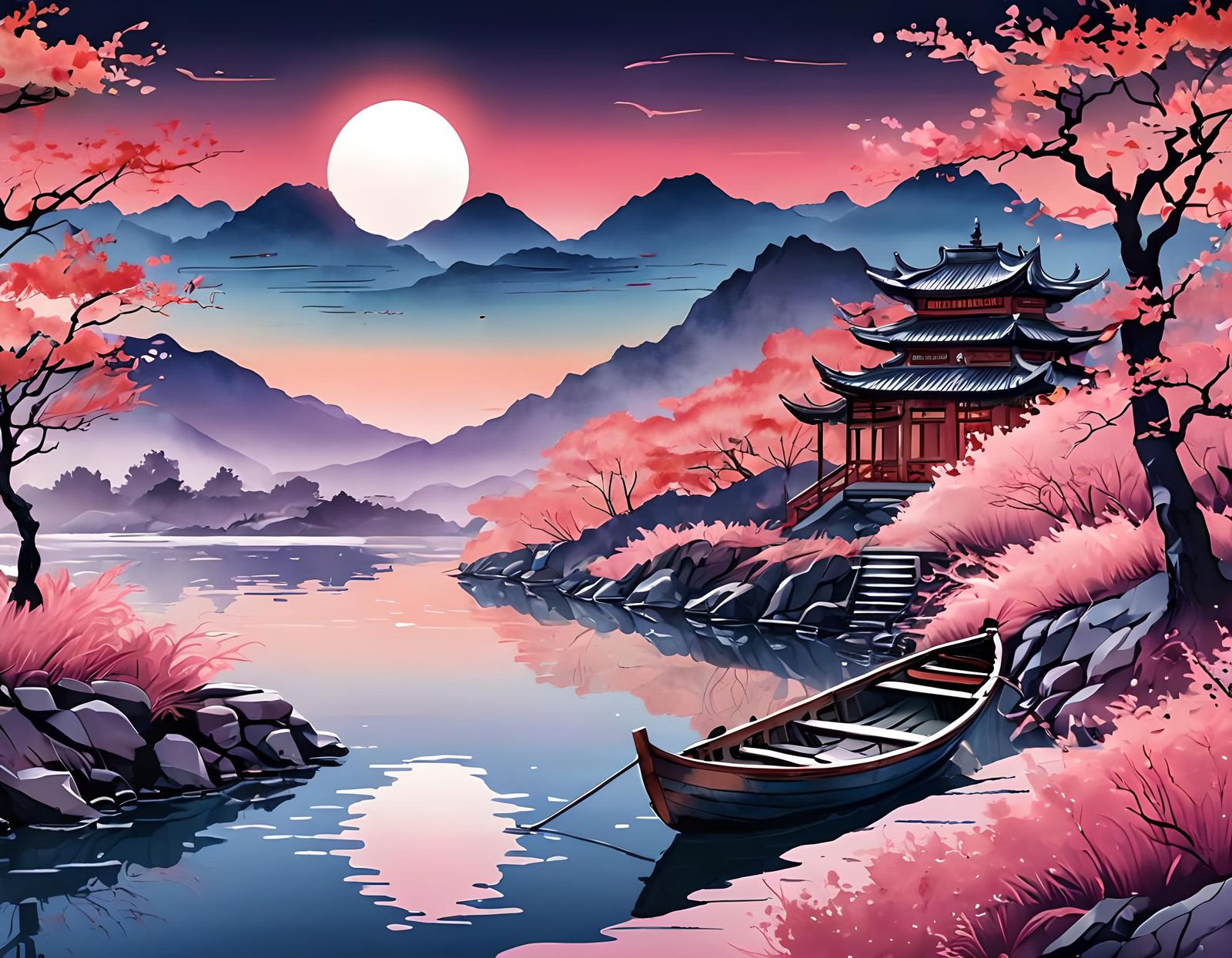 Lunar New Year River in Vaporwave Style