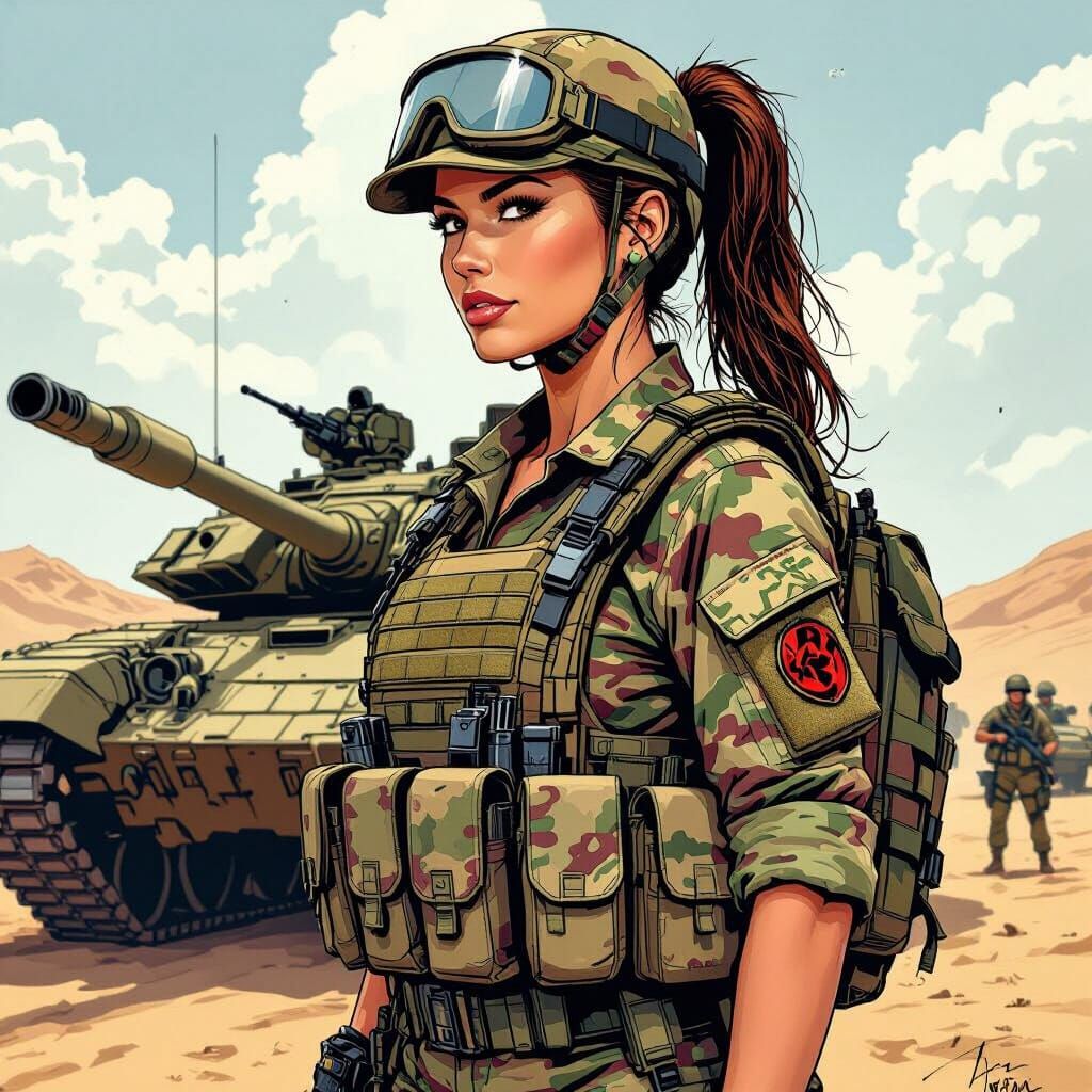 Female Soldier with Tank in Vibrant Comic Style