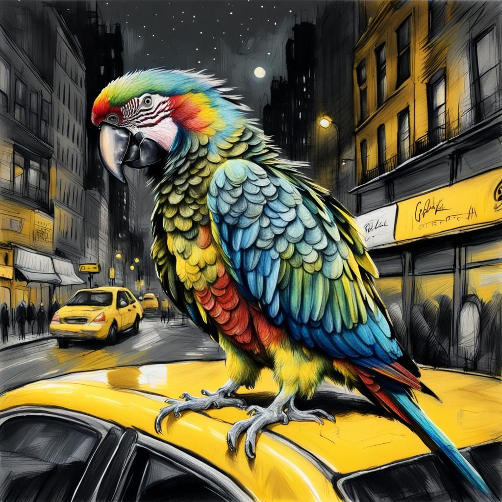 Parrot Grooms on Cab: Charcoal and Chalk Drawing