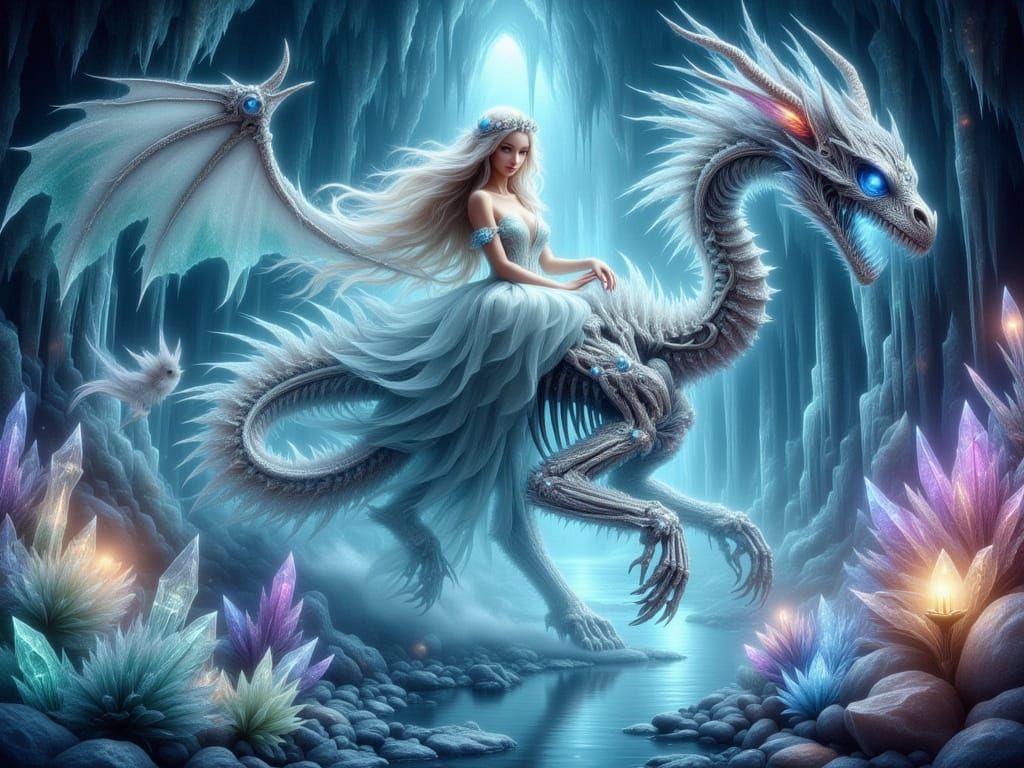 Elven Queen on Bone Dragon in Crystalline Kingdom