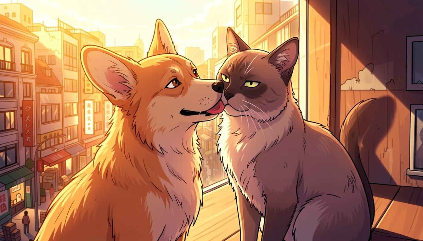 Corgi Licks Annoyed Cat in Vibrant Anime Style