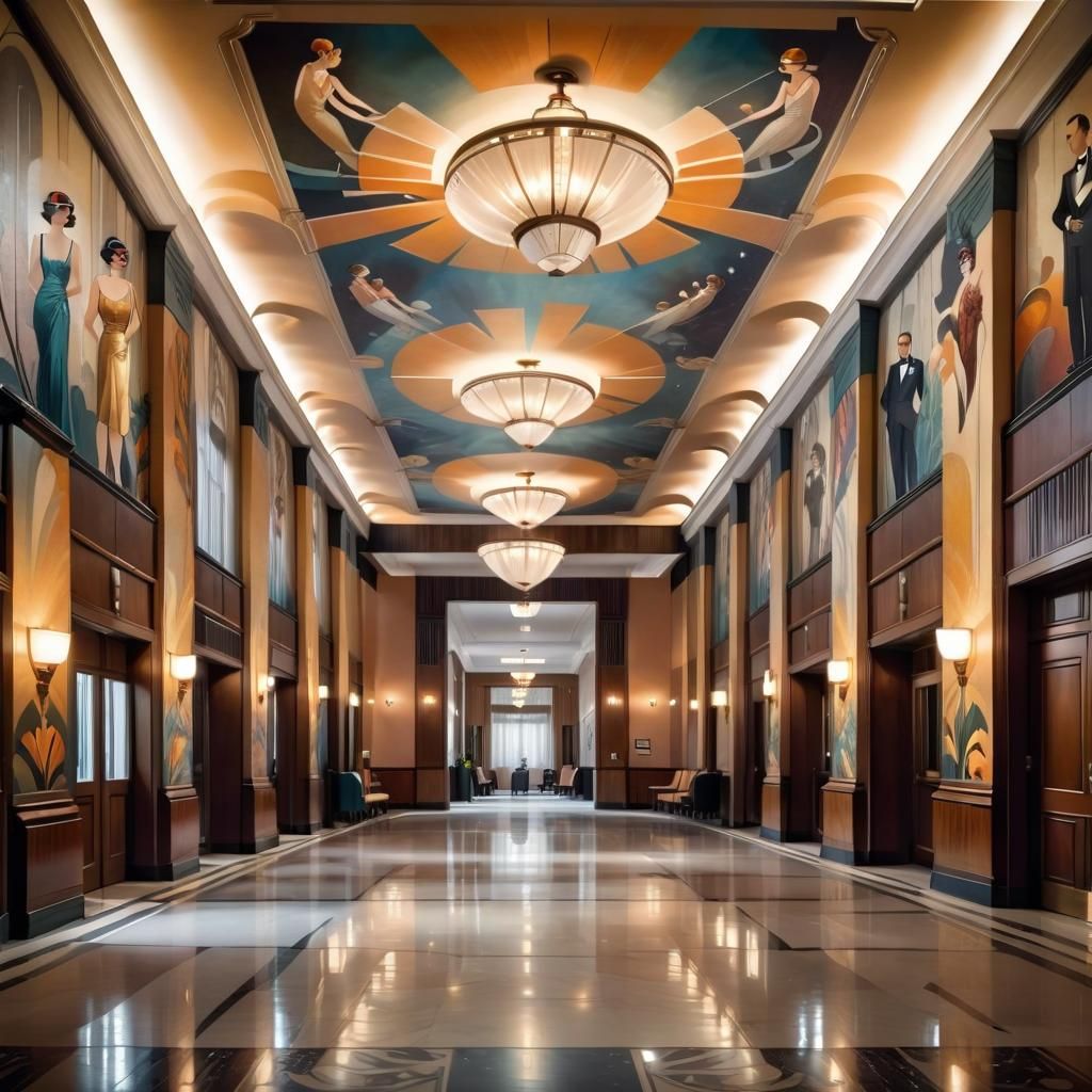 Hotel Lobby with Mural in Art Deco Style