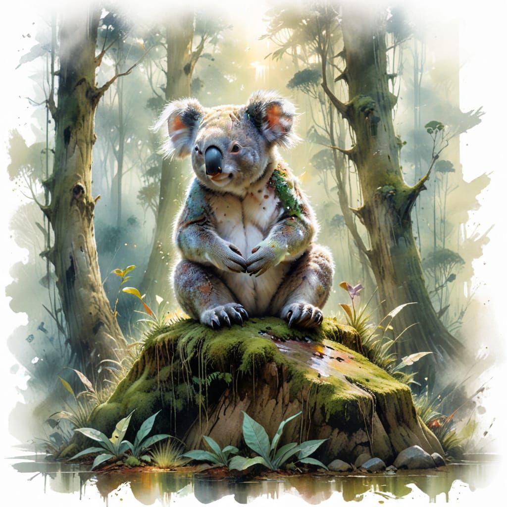 Koala Meditating in Misty Forest Glade, Painterly Style