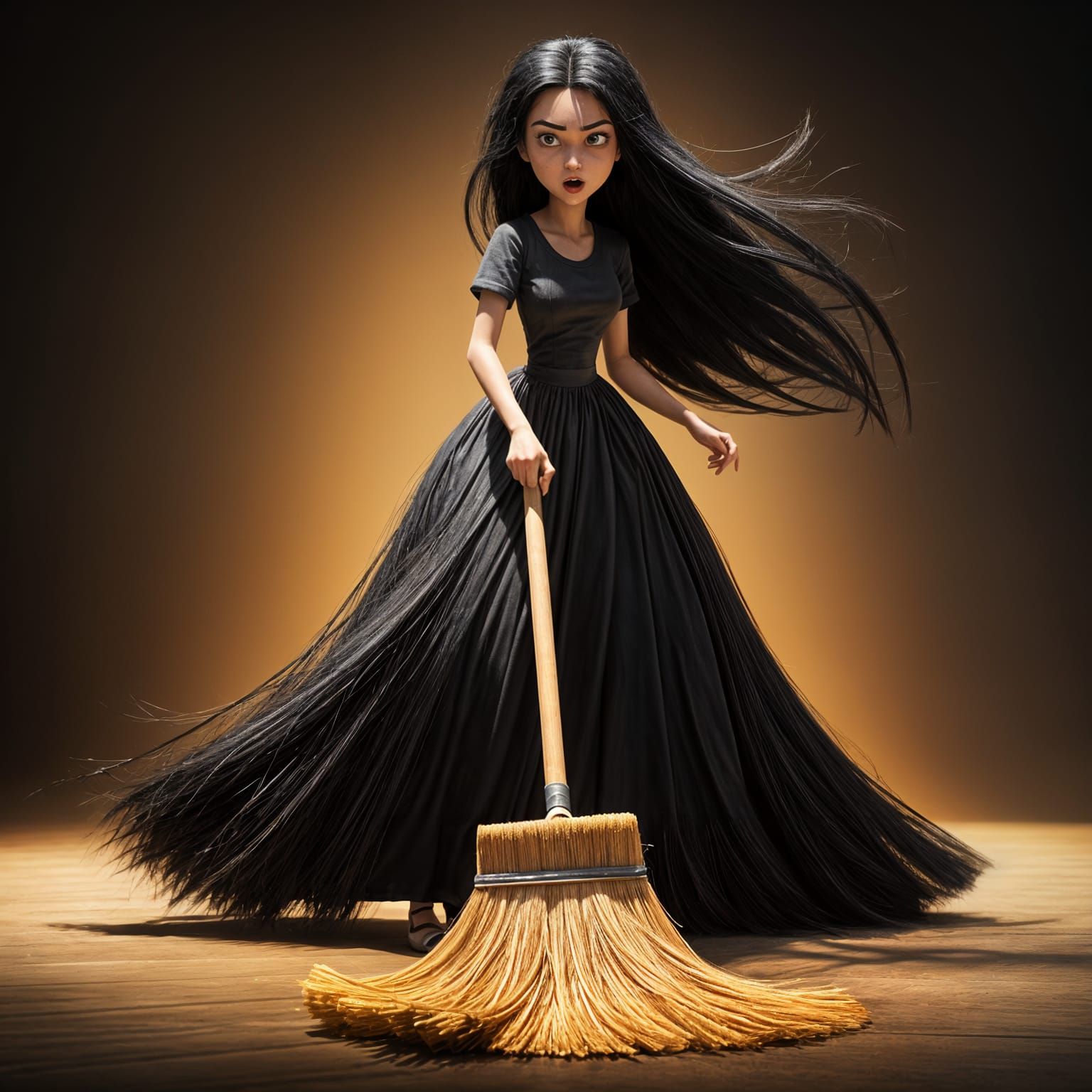 Angry Woman Sweeping: 3D Cartoon in Pixar Style