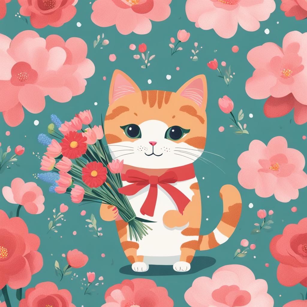 Blushing Cat with Flower Bouquet