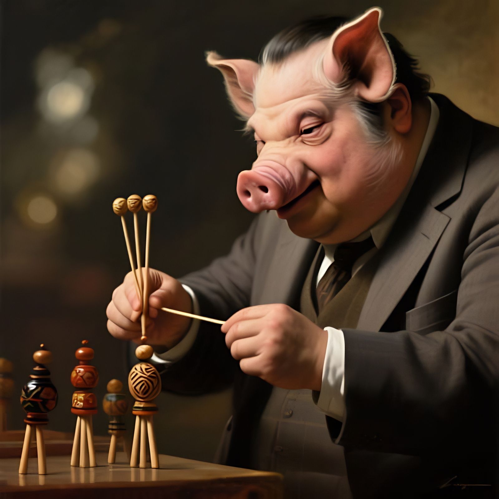 Pig-Headed Man Concentrates on Playing Mikado