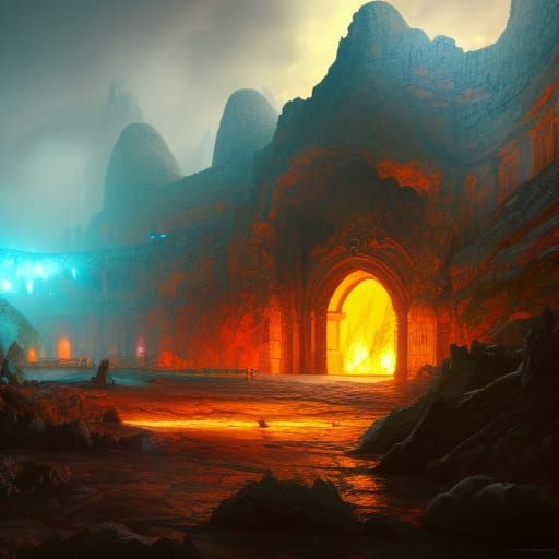 Fantastical Forge Within Mountain: Detailed Matte Painting