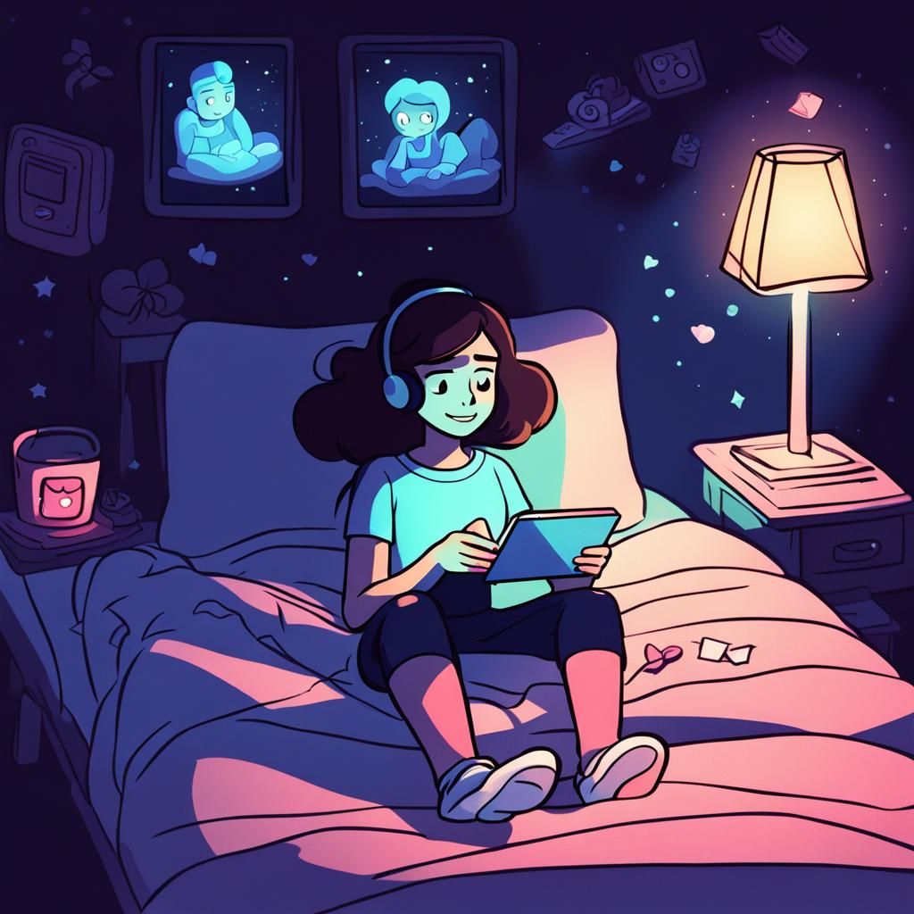 Girl on Phone in Dark: Cosy Cartoon Style