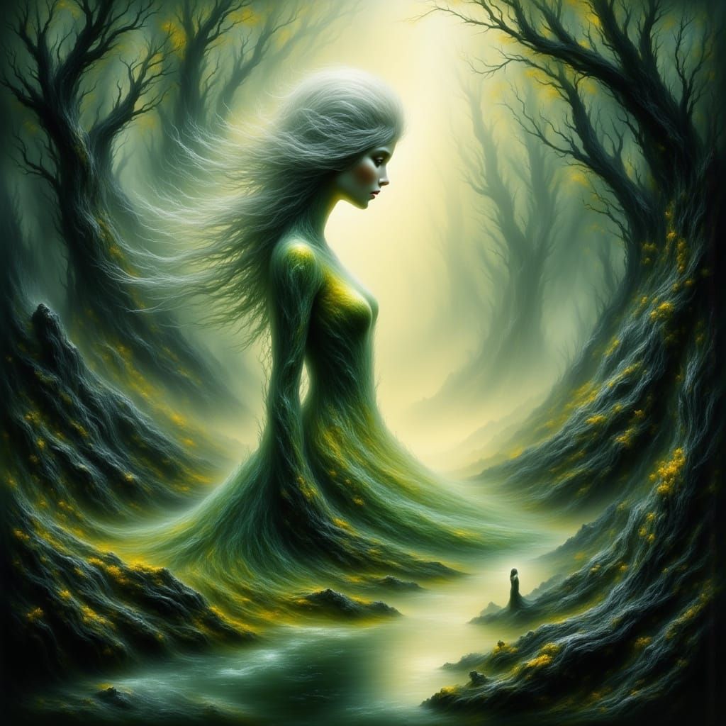 Ethereal Swamp Goddess in Dreamlike Landscape
