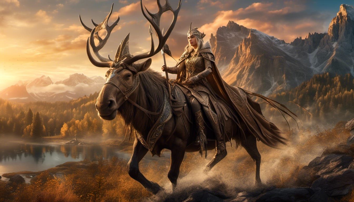 Elven Warrior Rides Armored Moose at Sunset