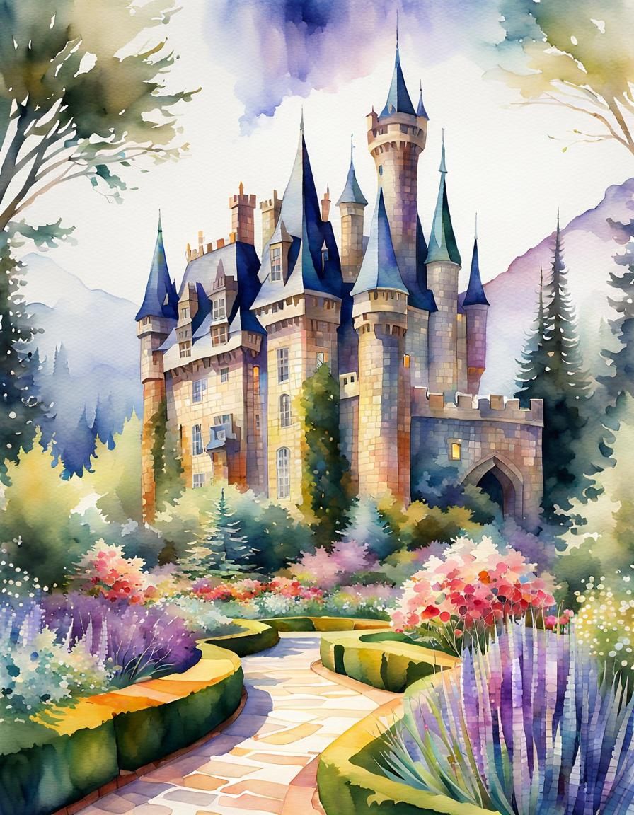 Fantasy Storybook Castle in Watercolor Style