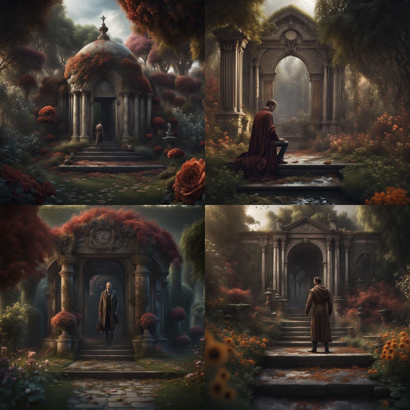 Nude Man Mourns at Grave: Detailed Matte Painting