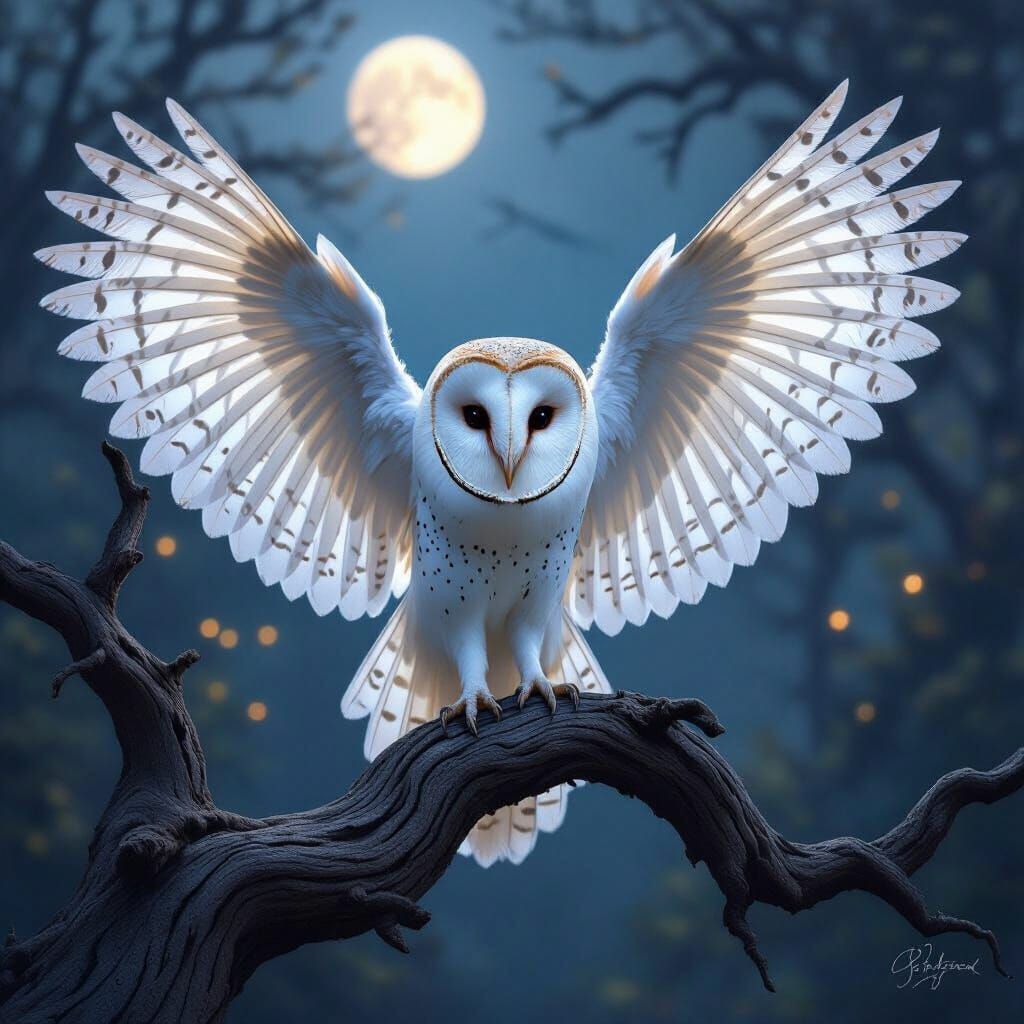 Barn Owl Hybrid with Peacock Plumage in Ethereal Forest