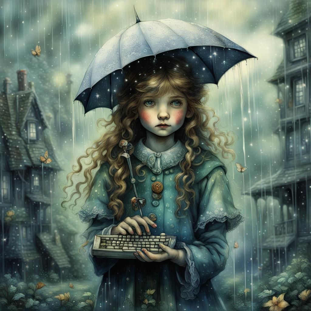 Depressed Girl with Umbrella in Collage Art Style