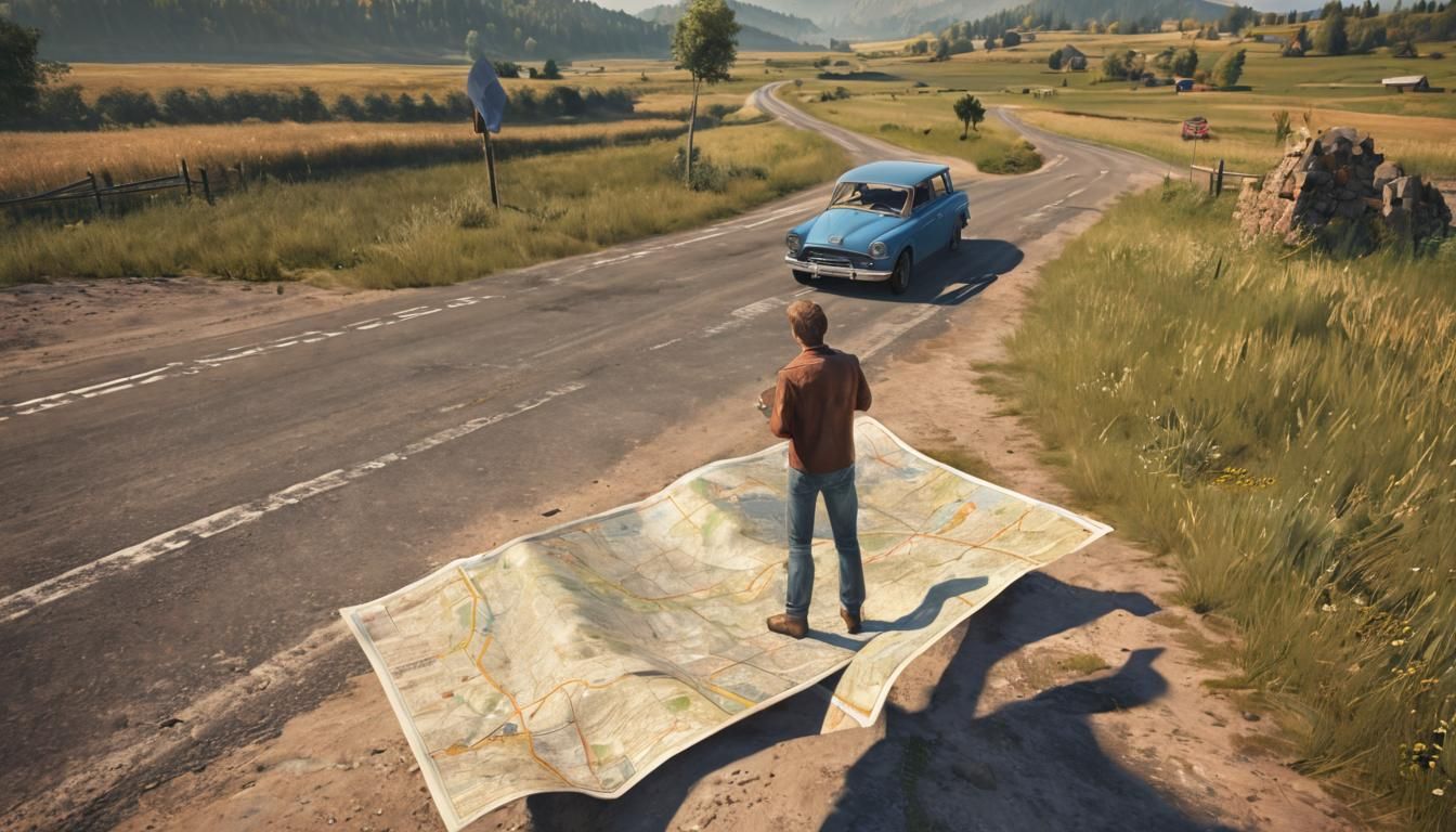 Lost Man with Map at Rural Crossroads in Retro Style