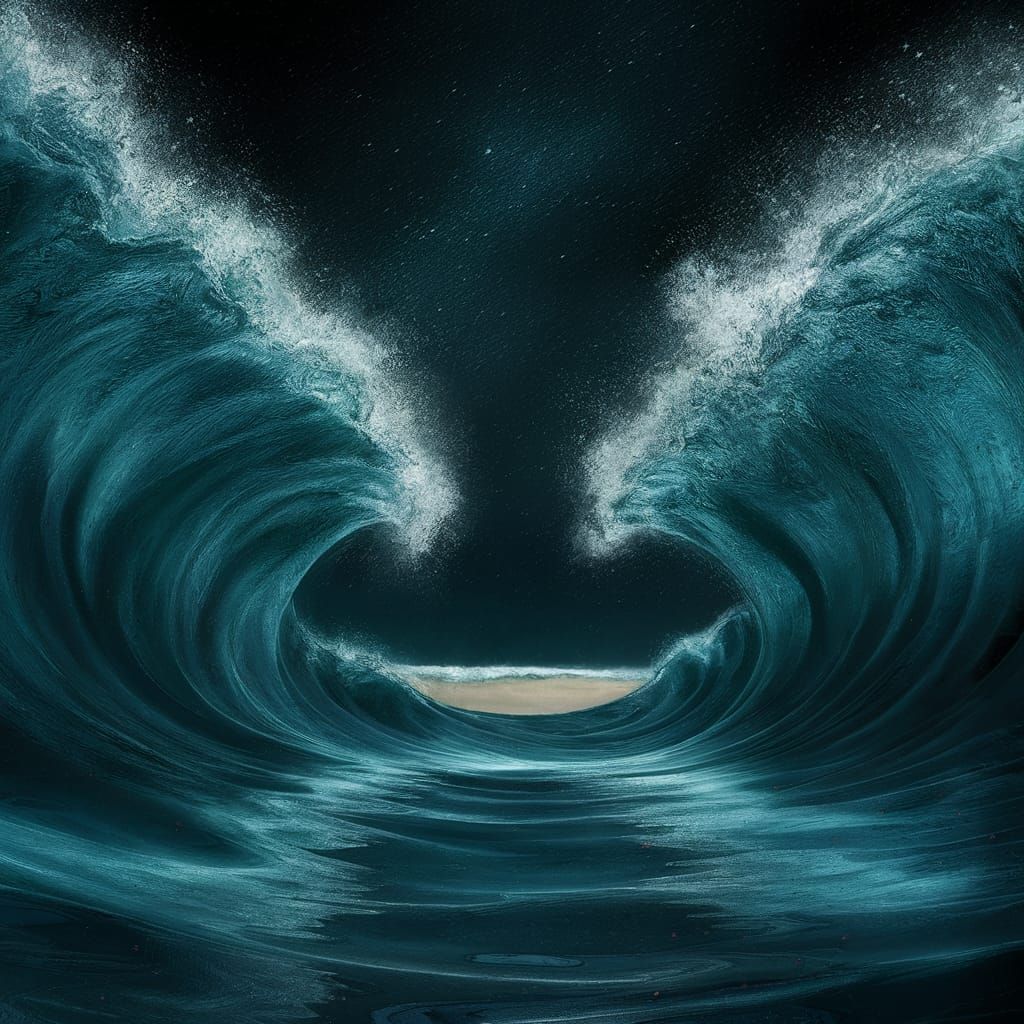 Night Seascape with Parted Waves Reflecting Starlight