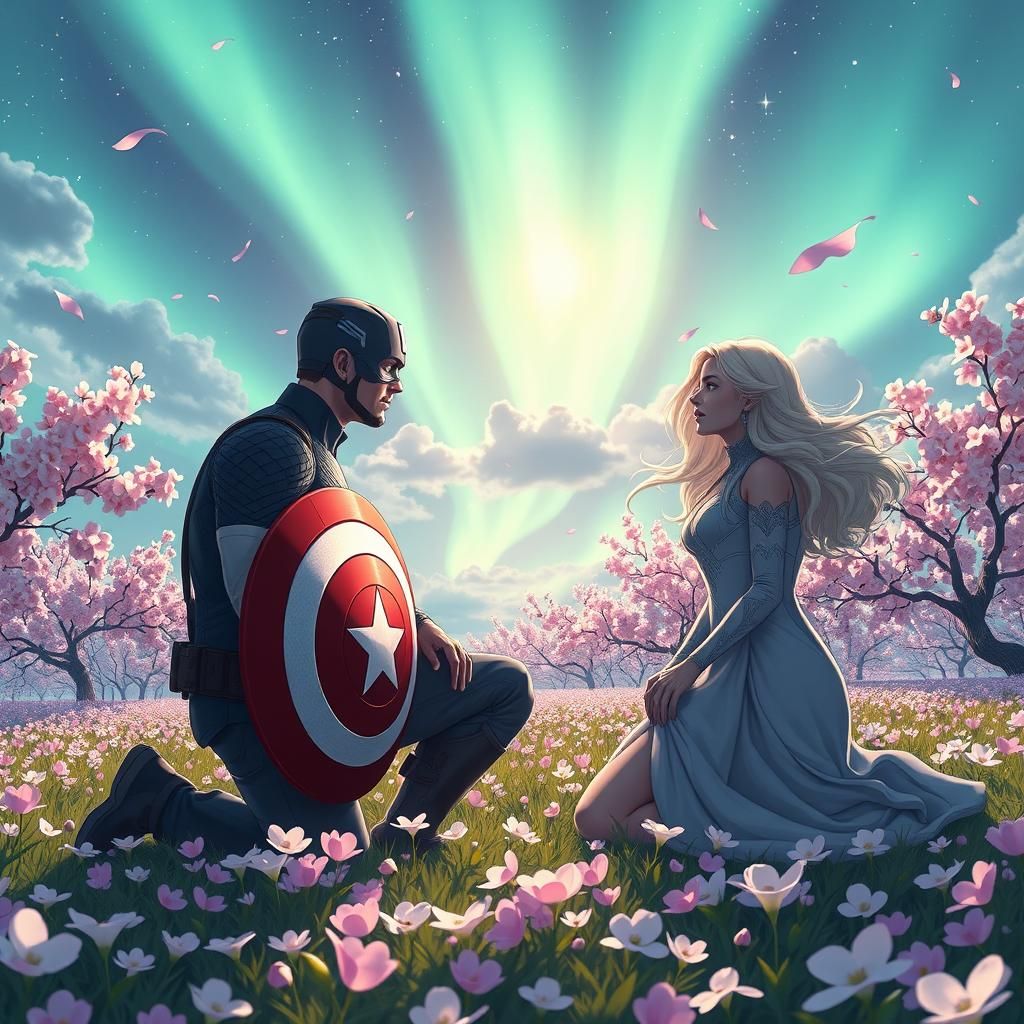 Contemplative Heroes in Cherry Blossom Field at Night