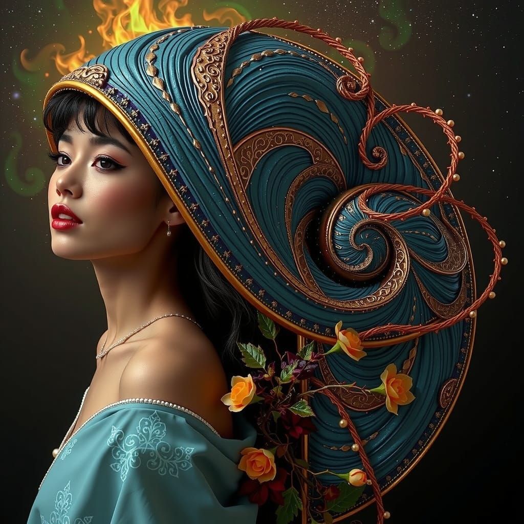 Woman Under Starry Sky with Fiery Nebula in Photorealistic 3...