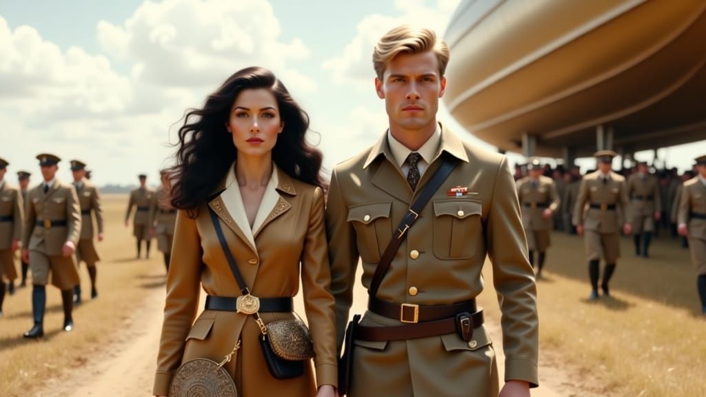 French Woman and Soldier Beside Zeppelin