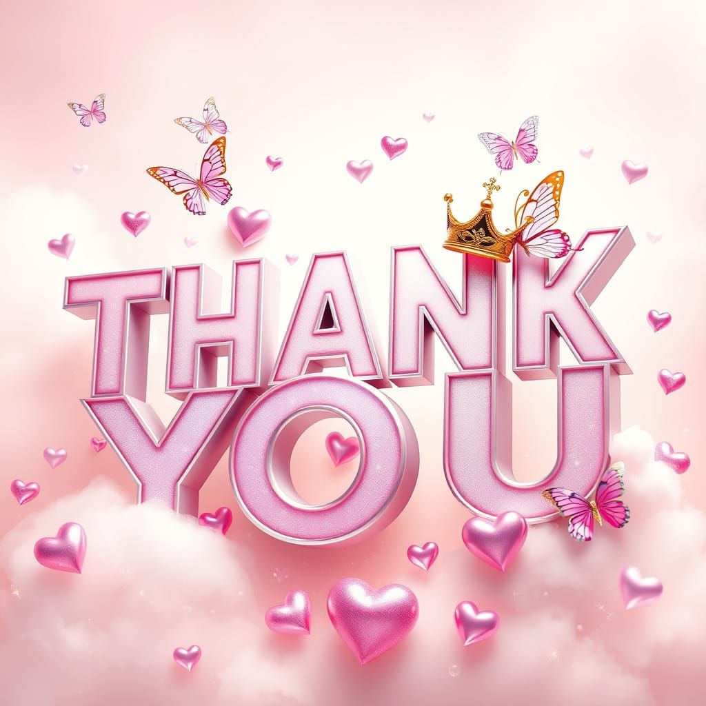 A vibrant digital artwork showcasing the name "THANK YOU" in large, glossy, three-dimensional letters, prominently displ...