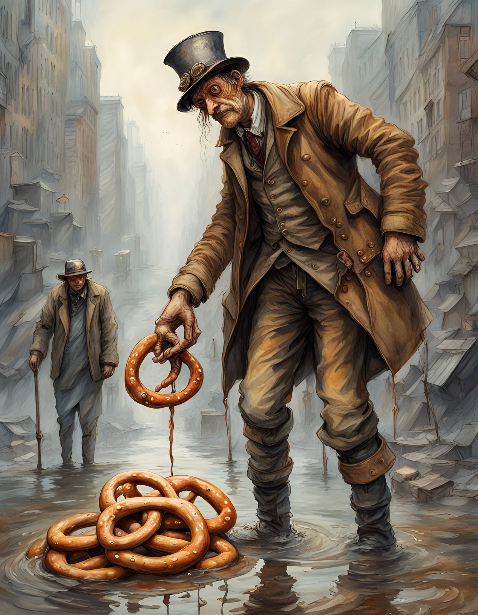 Dystopian Pretzel People in Steampunk Watercolor