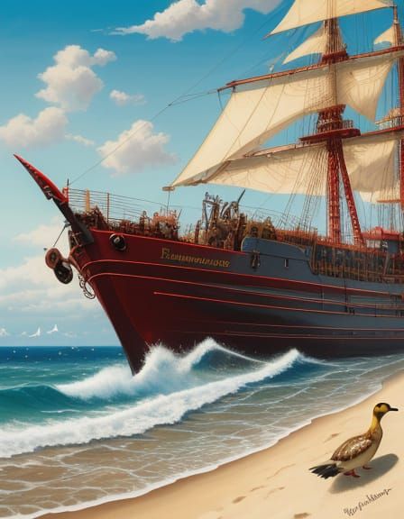 Steampunk Beachside Scene with Lion in Red Dress