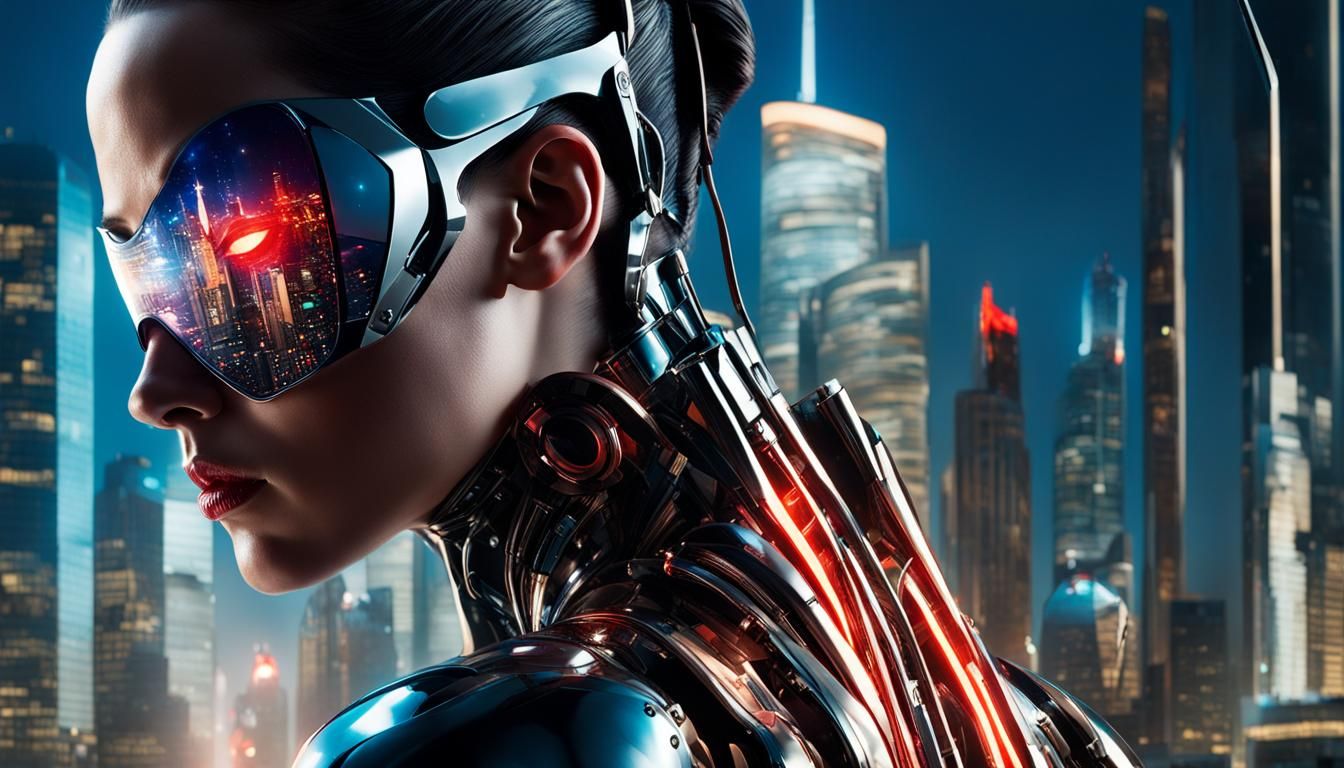 Cyberpunk Cyborg Portrait with Shimmering Metal