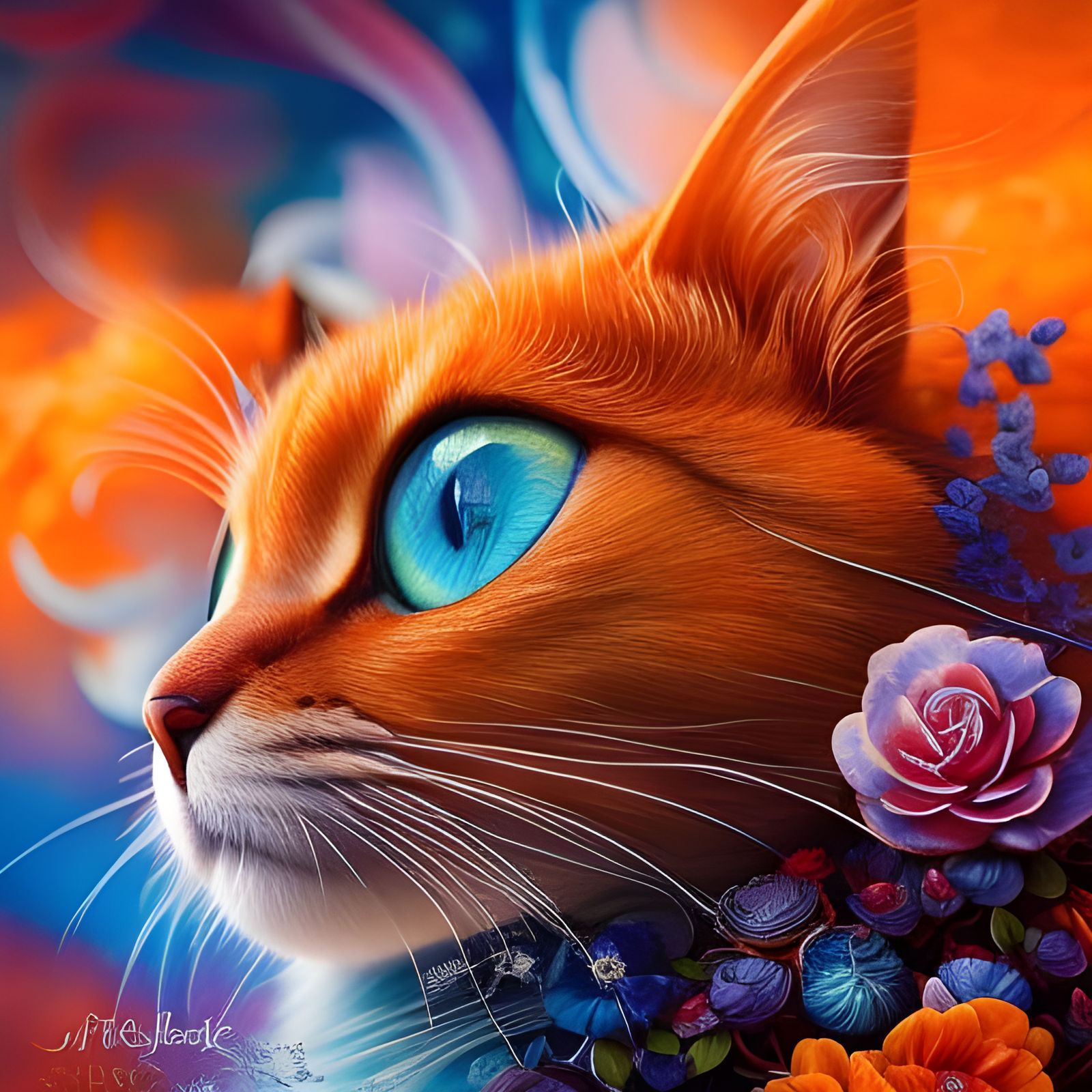 Detailed Chibi Blue Flower Cat Portrait