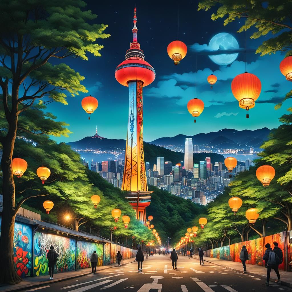 Vibrant 3D Graffiti Art on Namsan Tower