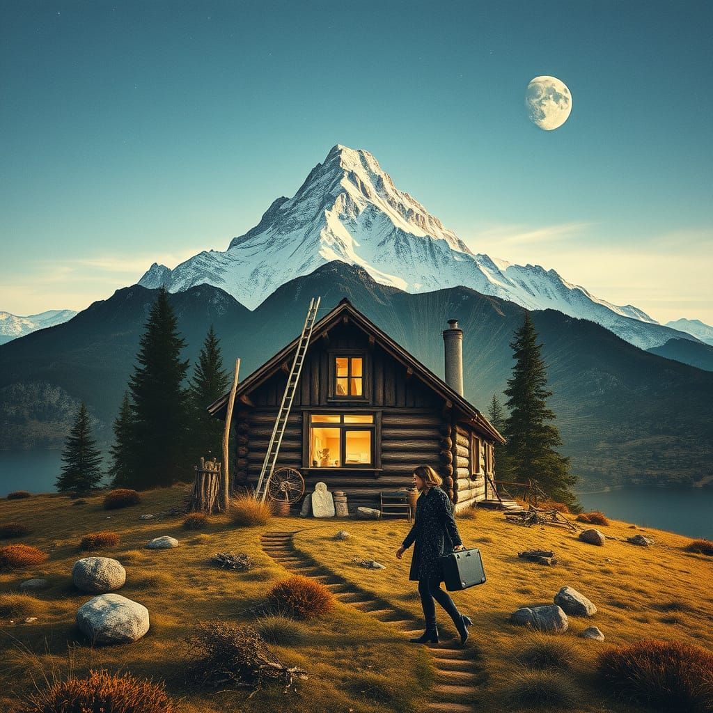 Intricate Wilderness Scene with Silhouette of Woman and Cabi...