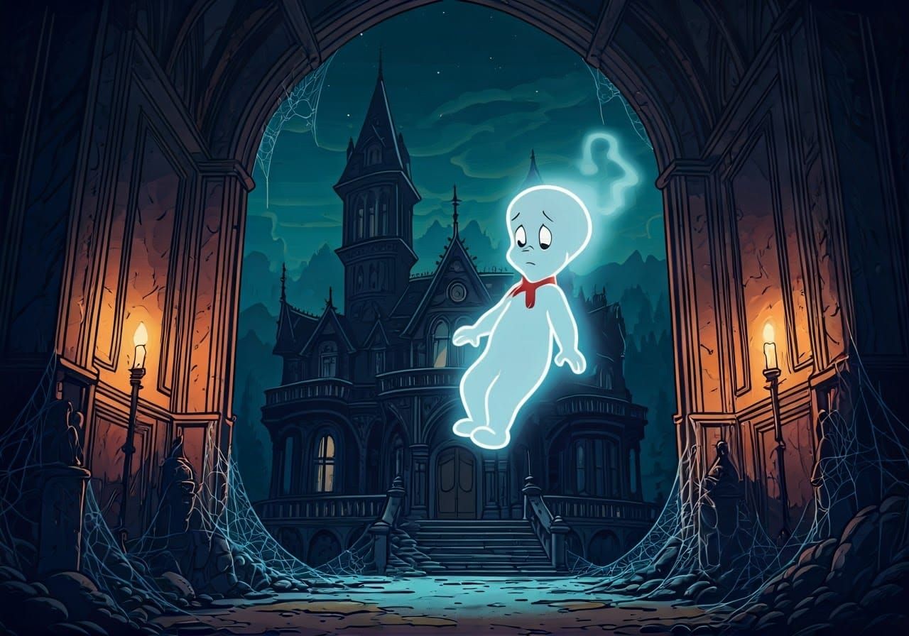 Melancholic Casper in Abandoned Gothic House, Comic Art Styl...