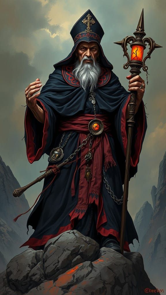 Crushing Ecclesiastical Figure in Crimson Robes with Macabre...