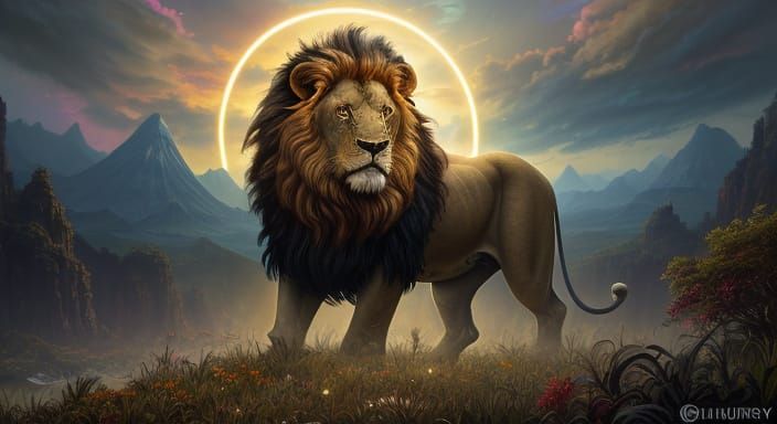 Lava Lion in Bioluminescent Valley: Fantasy Art