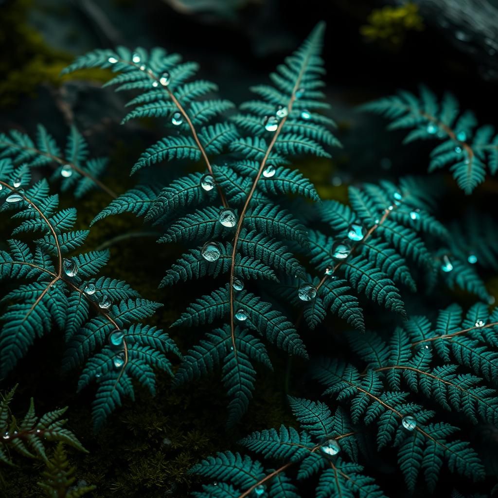 Ferns with Crystalline Droplets in Mystical Ambiance