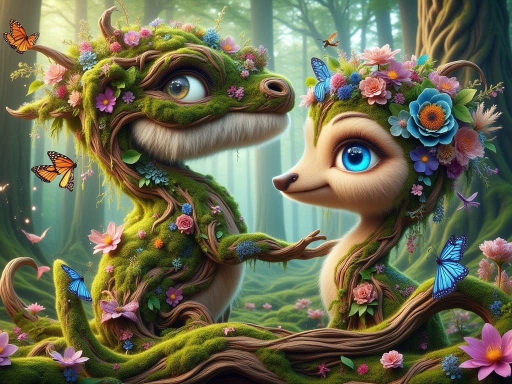 Cheerful Tree Ent Playing with Butterflies