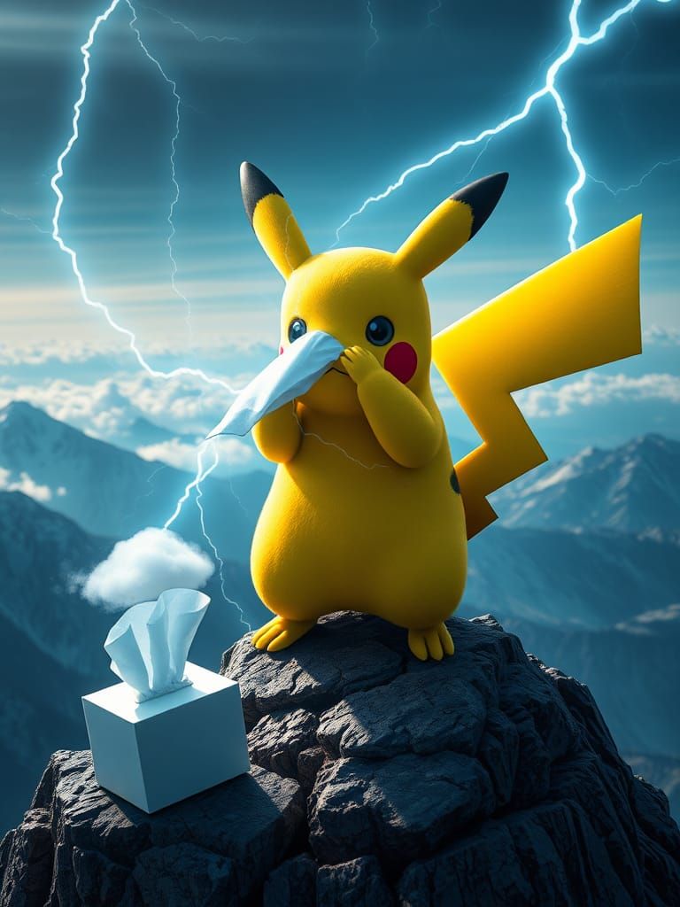 Pikachu Sneezing Lightning on Mountain Peak