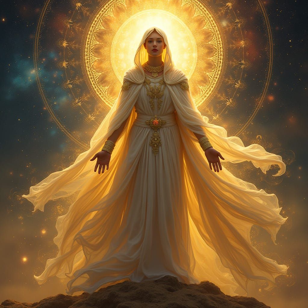 Golden Cosmic Being Embodies Triumph of Free Will and Wisdom
