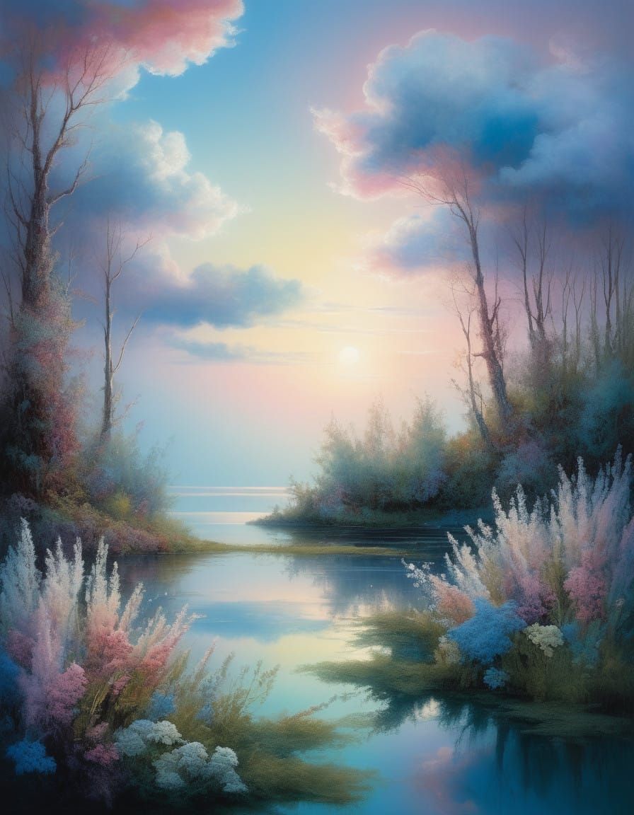 Fantastic ethereal landscape with a lake, with soft fluffy e...