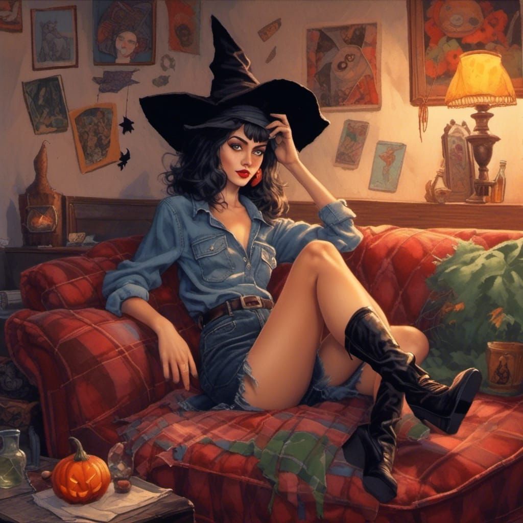 Nostalgic 90s Witch Lounging in Pin-Up Style