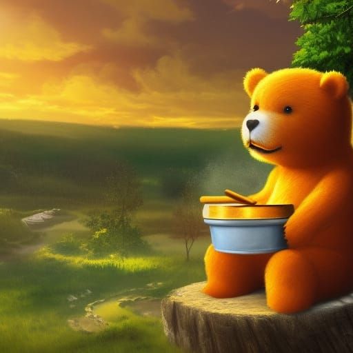 Cute Yellow Bear Enjoying Honey at Sunset