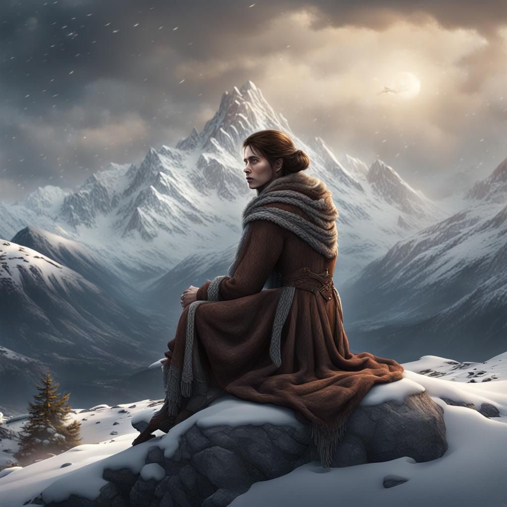 Sad Woman in Snowy Landscape: Detailed Matte Painting