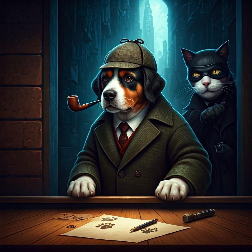 Detective Dog Investigates Cat Burglar in Matte Painting Sty...