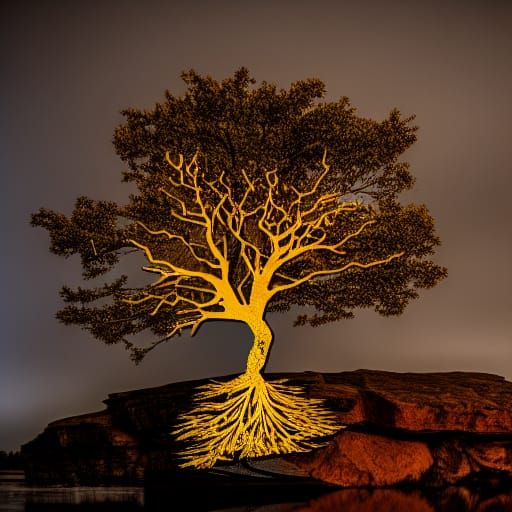 Glowing Golden Tree in Silver Lake Blood Moon Storm