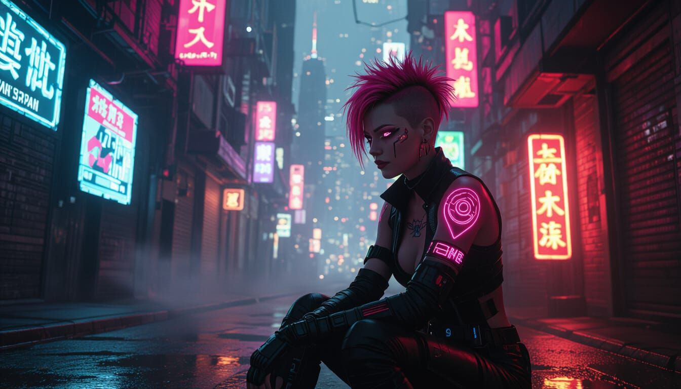 Cyberpunk Woman with Neon Tattoos in Steamy Alleyway