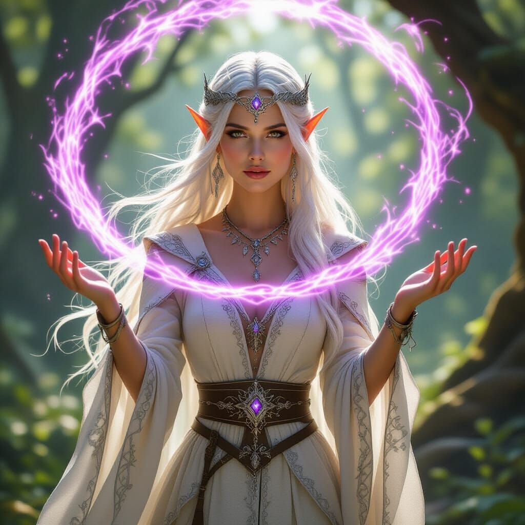 Elven Enchantress Conjuring Amethyst Vortex in Forest